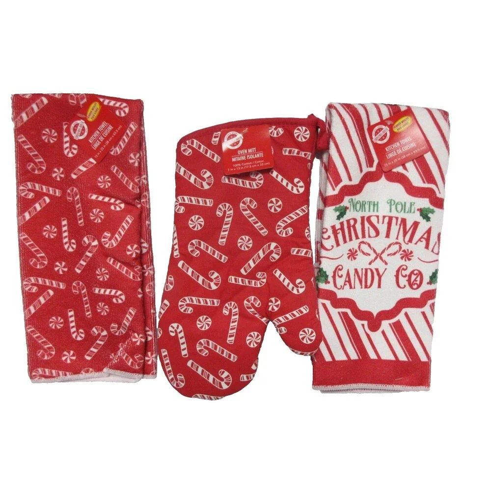3 pc kitchen towel set (2 Kitchen Towels 1 Oven Mitt)North Pole Christmas Candy